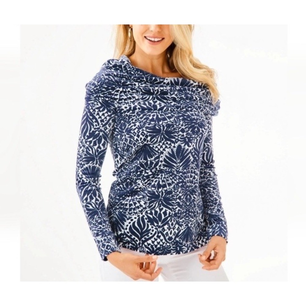 Lilly Pulitzer Navy White Shell Print Cowl Neck Long Sleeve Top Small